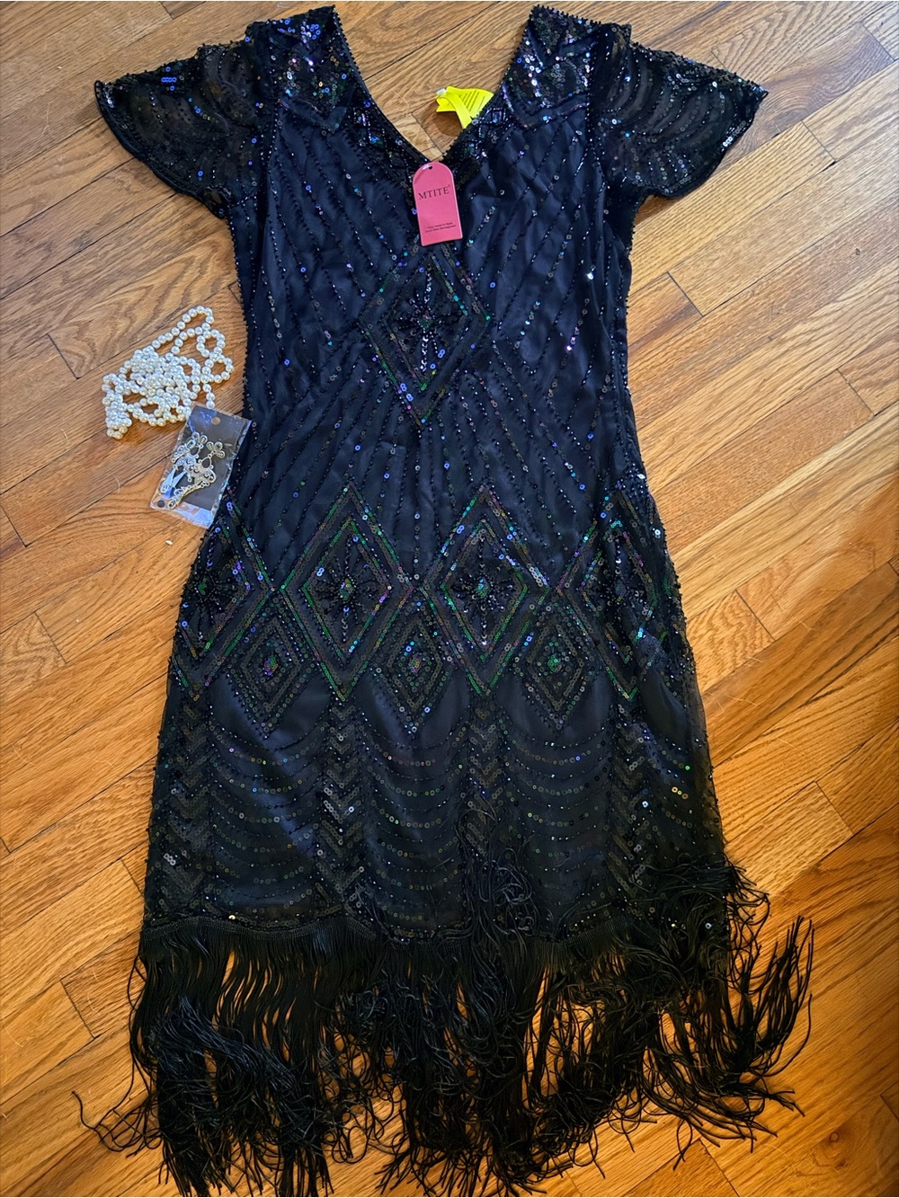 Black Sequin Fringe Midi Dress by